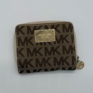 Michael Kors Brown Logo Zip Wallet with Gold Plate